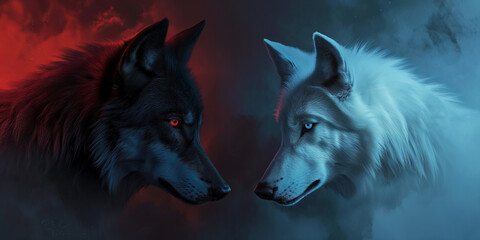 white wolf and black wolf - duel of good and evil concept art - a white wolf versus a black wolf - fantasy illustration - profile view of both wolves looking at each other in a face off duel - obrazy, fototapety, plakaty