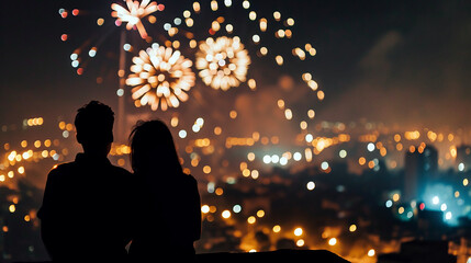 Couple of lovers on top of building watching mesmerizing fireworks at night above a city landscape