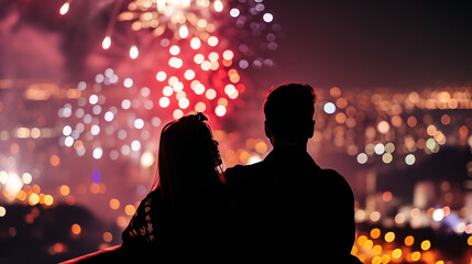 Couple of lovers on top of building watching mesmerizing fireworks at night above a city landscape