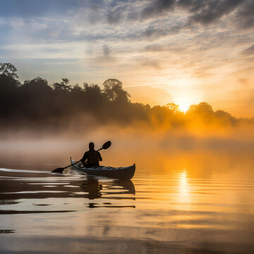 A lone kayaker paddling through a mist-covered lake at sunrise.