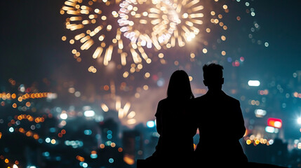 Couple of lovers on top of building watching mesmerizing fireworks at night above a city landscape
