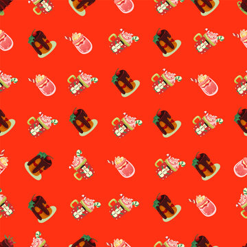 Christmas and Happy New Year seamless pattern with Christmas toys, gifts and sweets. Trendy retro style. 