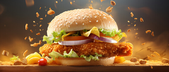 Fresh crispy fried chicken burger sandwich - obrazy, fototapety, plakaty