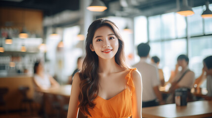 Beautiful cute and charming asian women in restaurants.
