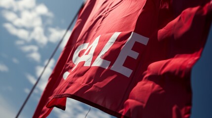 Red flag with the inscription Sale on the sky background. Season of sales and discounts. - obrazy, fototapety, plakaty
