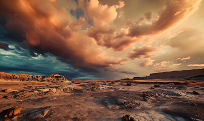 a stormy sky over a desert field   in the distance