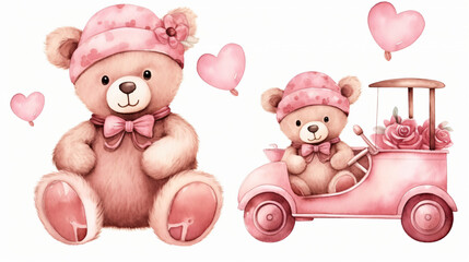 Watercolor teddy bear. Valentine day concept