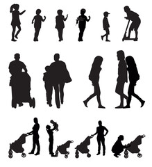 Family outdoors activities hobbies and sports in park vector black silhouettes set collection