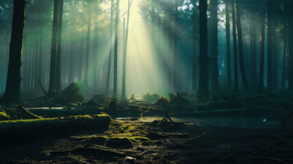 Obraz premium Mysterious and Magical Forest Scene: Trees Shrouded in Fog and Sunbeams