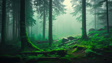 Mystical Forest Scene with Fog and Dawn Light