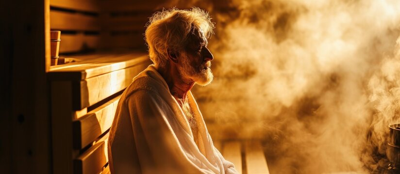 Elderly person perspires in steam sauna for wellness.