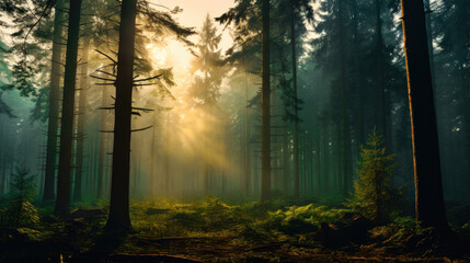 Enchanting Wilderness: A Mist-Covered Forest at Dawn - obrazy, fototapety, plakaty