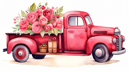 Watercolor Valentines Day Truck