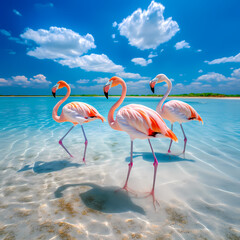 Elegant flamingos wading in the crystal-clear waters of a lagoon.