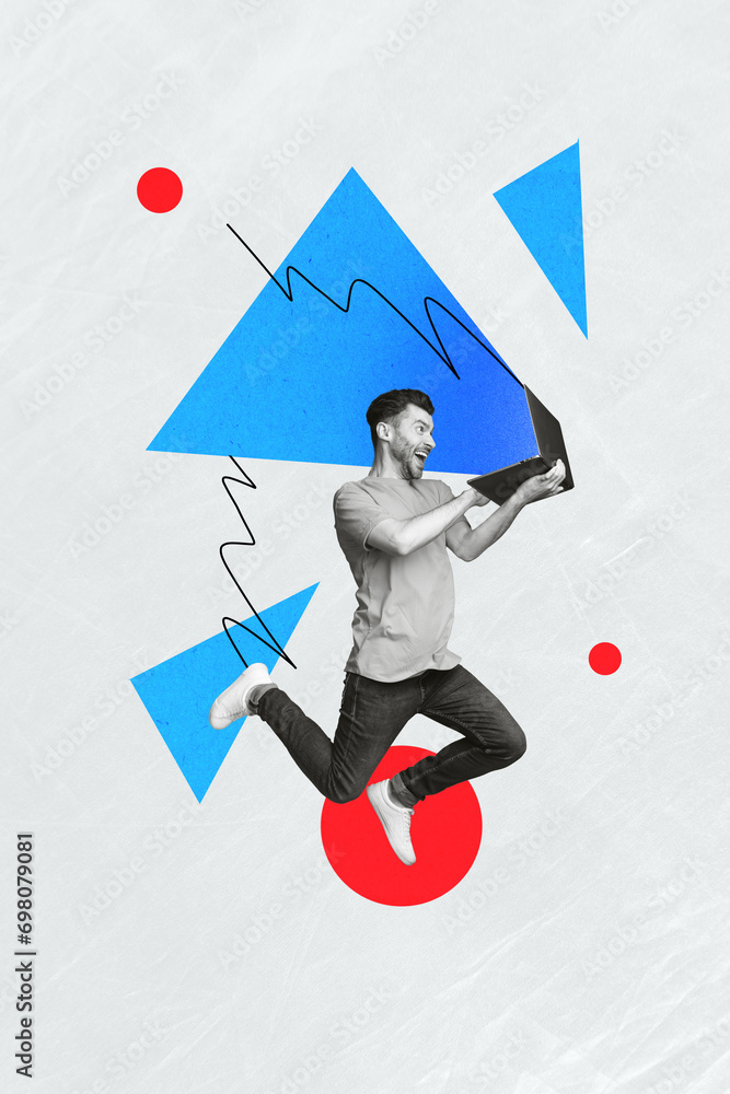 Aufkleber vertical creative photo collage of funny young man jump run with laptop typing browsing work online 