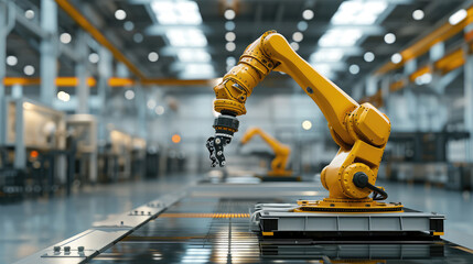 robot arm in factory background - obrazy, fototapety, plakaty