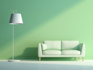 Beautiful interior with sofa and floor lamp in front of light green background generative ai