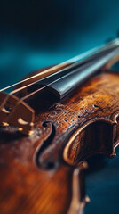 close up image of black and brown violin with beautiful strings - obrazy, fototapety, plakaty
