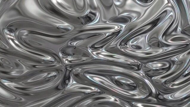 Liquid iron. Metallic silver texture moves smoothly. Abstract wavy 3d gray shiny background. Slow motion luxury glossy gradient.