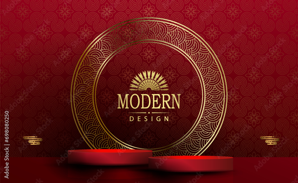 Wall mural red illustration with a round podium and a golden round frame with a pattern.