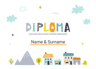 Diploma template with cute doodle houses for kids. Certificate design with abstract town for competition.