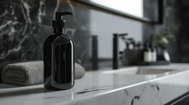 Black soap bottle with liquid soap, hyper-realistic stock image. Sleek design, glossy finish