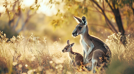 kangaroo in the wild savannah  - obrazy, fototapety, plakaty