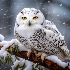 Majestic snowy owl perched on a branch against a snowy backdrop.