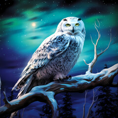Majestic snowy owl perched on a branch against a backdrop of the northern lights.