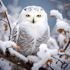 Majestic snowy owl perched on a branch against a snowy backdrop.