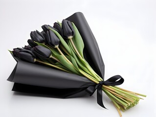 A bouquet of black tulip flowers wrapped on a white background