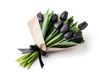 A bouquet of black tulip flowers wrapped on a white background