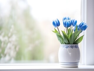 A vase of blue tulip flowers near the window sill blurred background