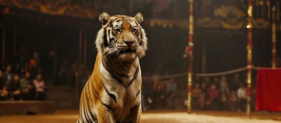 Tiger's circus tricks in arena. - obrazy, fototapety, plakaty