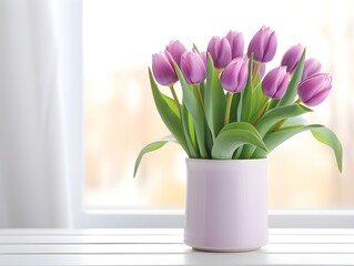 A vase of purple tulips near the window sill blurred background