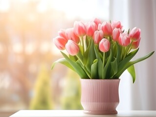 A vase of pink tulip flowers near the window sill blurred background