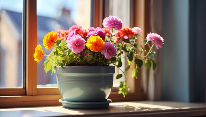 A pot of flowers stands on the windowsill - obrazy, fototapety, plakaty
