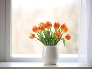 A vase of orange tulip flowers near the window sill blurred background