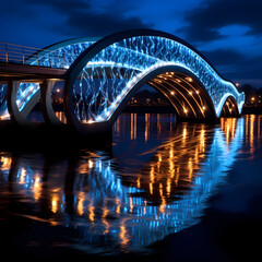 Modern bridge with lights reflecting in the rippling water below.