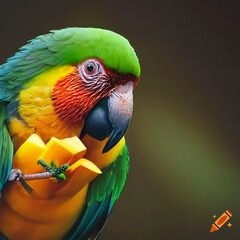 green and yellow macaw/parrot eating mango
