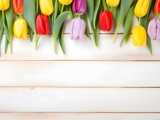 Tulipanes de colores sobre un fondo de madera clara