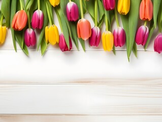 Colorful tulip flowers  on a light wood white background