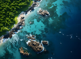aerial view of an island with cliffs and forest
