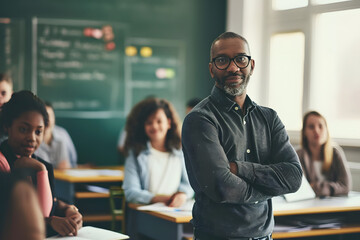 a male black teacher standing and smiling in the classroom - obrazy, fototapety, plakaty