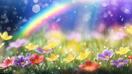 A vivid rainbow arcs over a spring meadow dotted with colorful wildflowers, symbolizing hope and renewal.