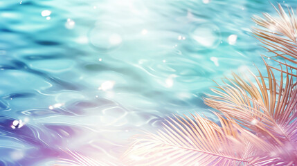 Fototapeta na wymiar Sunlit pink-hued palm fronds over sparkling ocean water, creating a dreamy tropical atmosphere.
