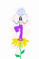 Vertical collage photo of young relaxed woman standing on painted yellow sunflower balance stay...