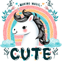 Cute unicorn illustration with rainbow, flowers and clouds - 698082445