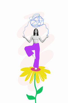 Vertical collage photo of young relaxed woman standing on painted yellow sunflower balance stay meditating isolated over white background
