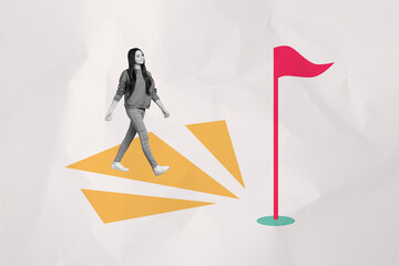 Photo image collage picture walking young girl way success flag goal reach accomplishment...